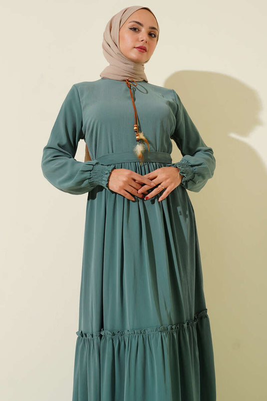 Yaka İpli Kuşaklı Elbise Çağla Yeşili