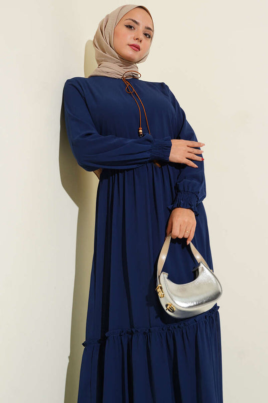 Yaka İpli Kuşaklı Elbise Lacivert