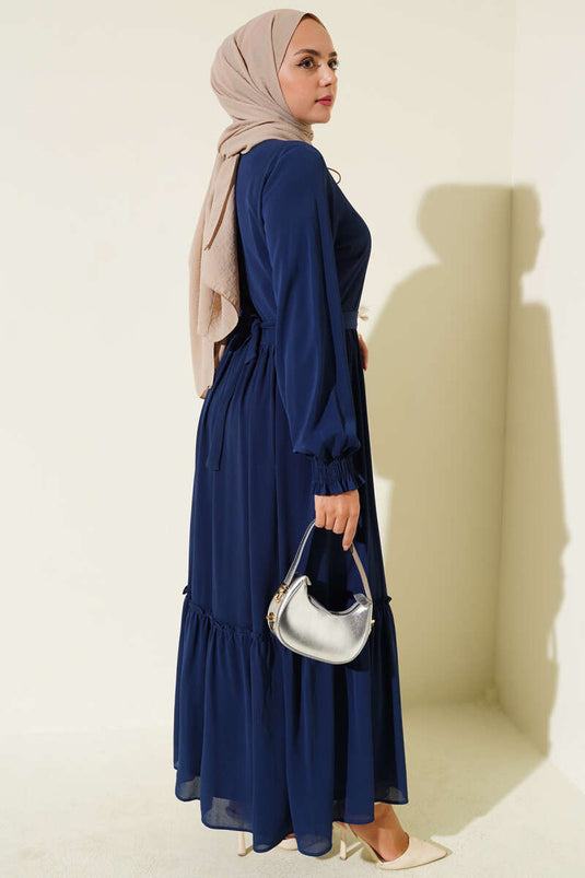 Yaka İpli Kuşaklı Elbise Lacivert