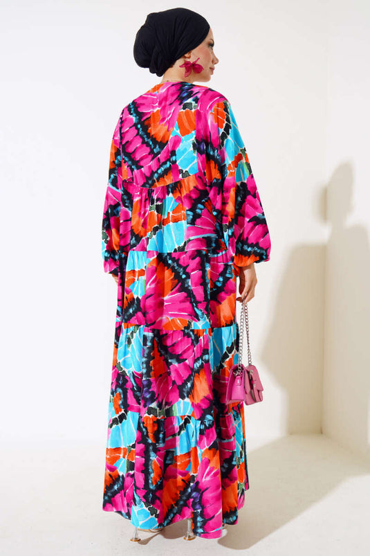 فستان بأكمام الخفاش وياقة برباط باللون الفوشيا