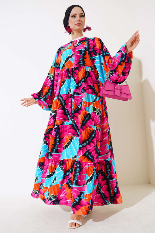 Yaka İpli Yarasa Kol Elbise Fuşya