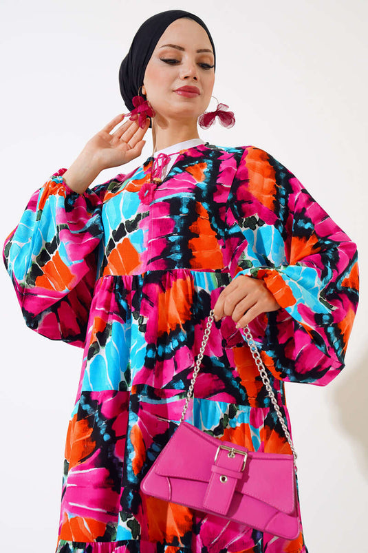 Yaka İpli Yarasa Kol Elbise Fuşya