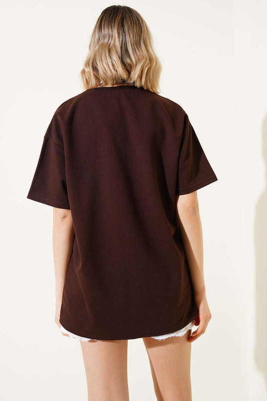 Casual T-shirt met geborduurde hartkraag, bruin