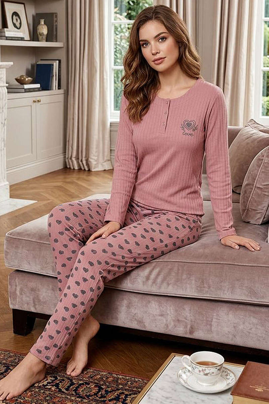 Yaka Kalp Nakışlı Uzun Kol Pijama Takım Pudra