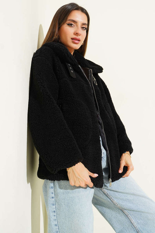 جاكيت أسود مخملي مزود بحزام ياقة وسحاب