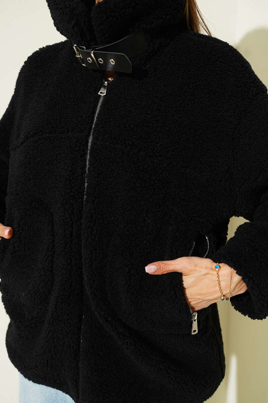 جاكيت أسود مخملي مزود بحزام ياقة وسحاب