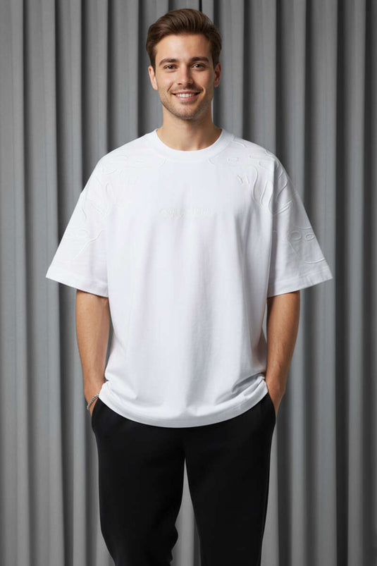 T-shirt oversize homme à manches raglan brodées blanc