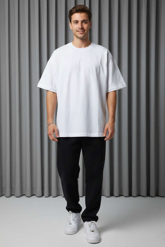 T-shirt oversize homme à manches raglan brodées blanc