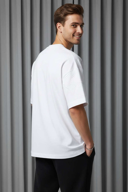 T-shirt oversize homme à manches raglan brodées blanc