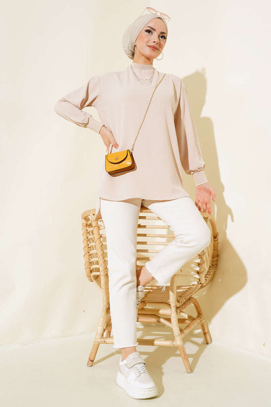 Yaka Kol Ribanalı Tunik Bej