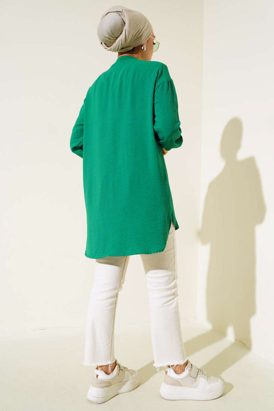 Collar Sleeve Ribbed Tunic Green