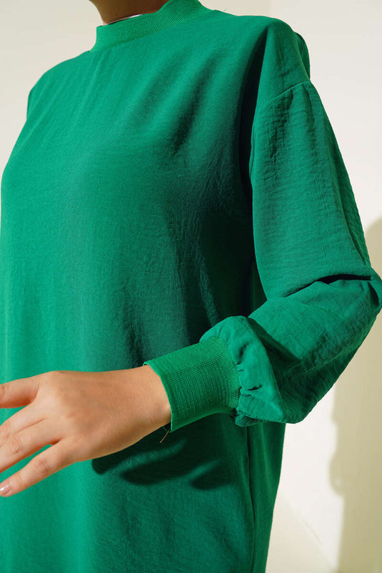 Collar Sleeve Ribbed Tunic Green