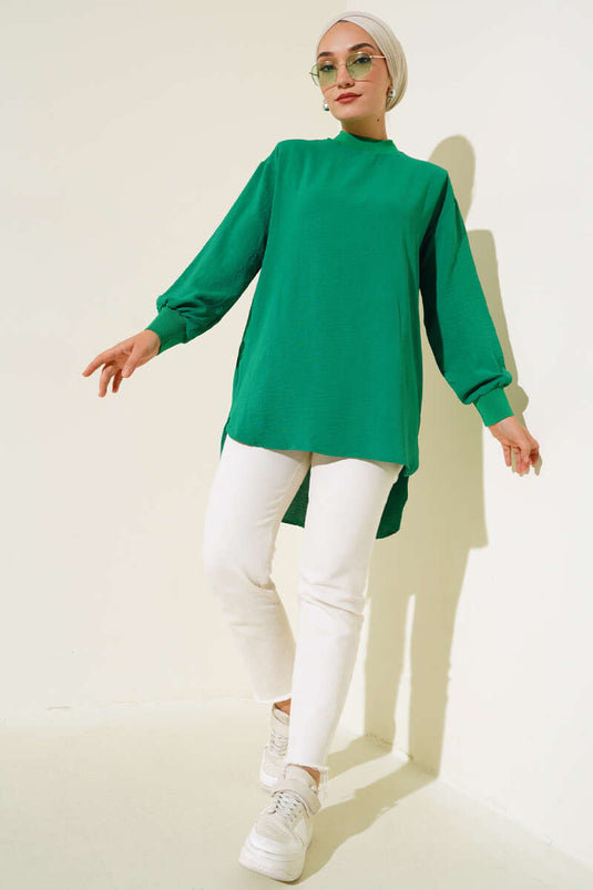 Collar Sleeve Ribbed Tunic Green