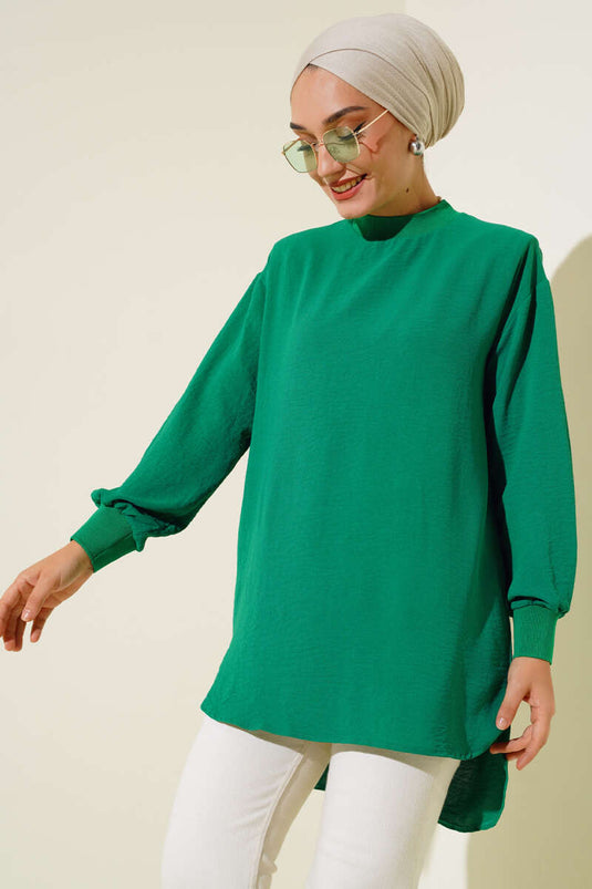 Collar Sleeve Ribbed Tunic Green
