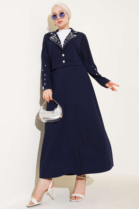 Navy Blue Two-Piece Set with Embellished Collar, Sleeves and Skirt