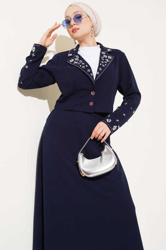 Navy Blue Two-Piece Set with Embellished Collar, Sleeves and Skirt