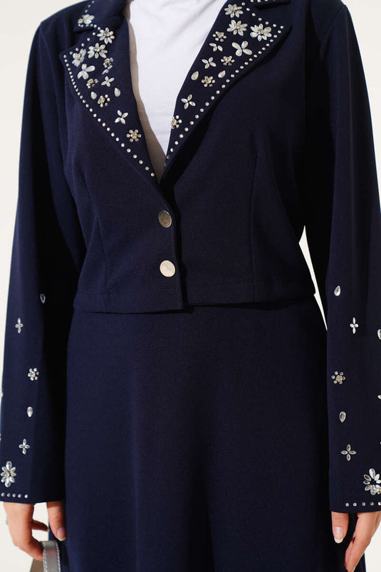 Navy Blue Two-Piece Set with Embellished Collar, Sleeves and Skirt