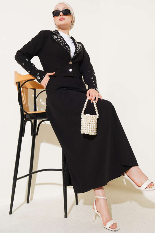 Yaka Kol Taşlı Etekli İkili Takım Siyah