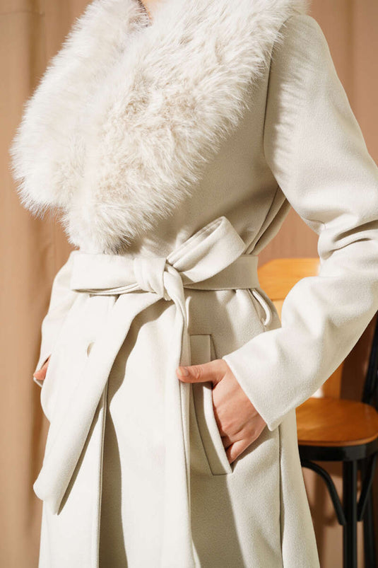 Fur Detailed Cashmere Coat Beige