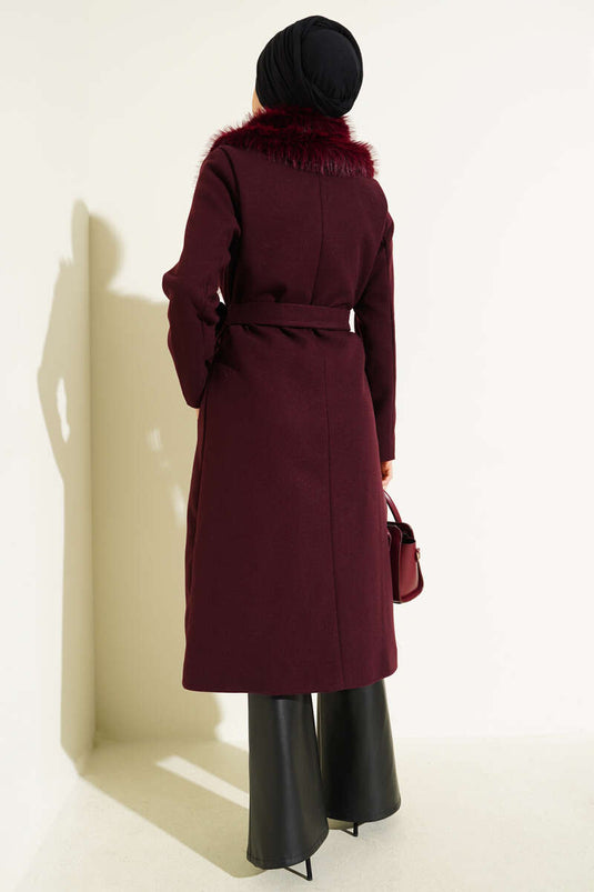 Fur Collar Detailed Cashmere Coat Burgundy
