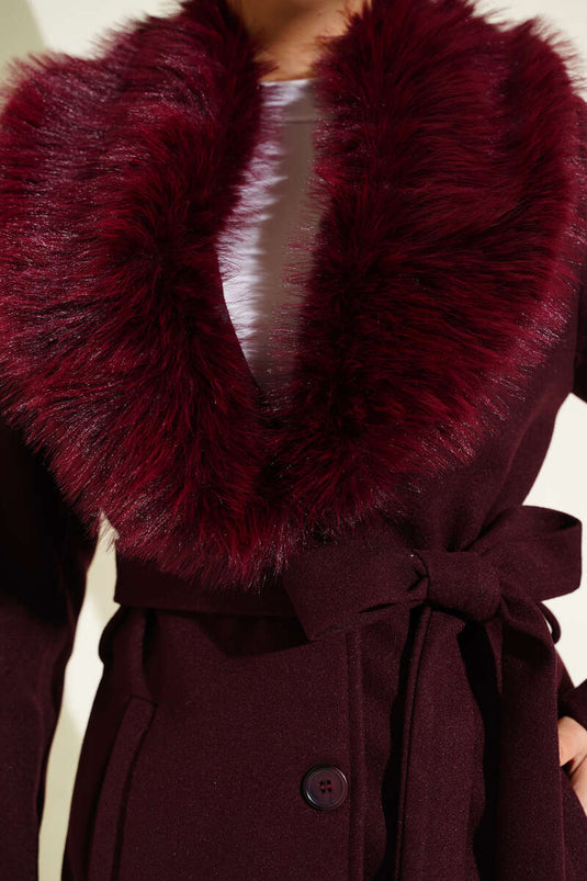 Fur Collar Detailed Cashmere Coat Burgundy