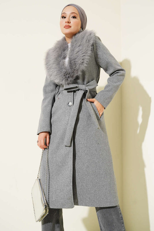 Fur Detailed Cashmere Coat Gray