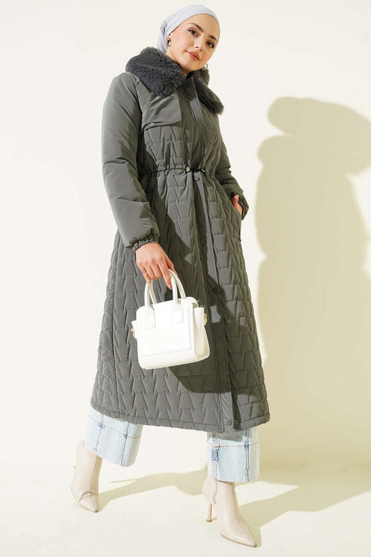 Bontkraag Taille Tunnel Gewatteerde Lange Jas Grijs