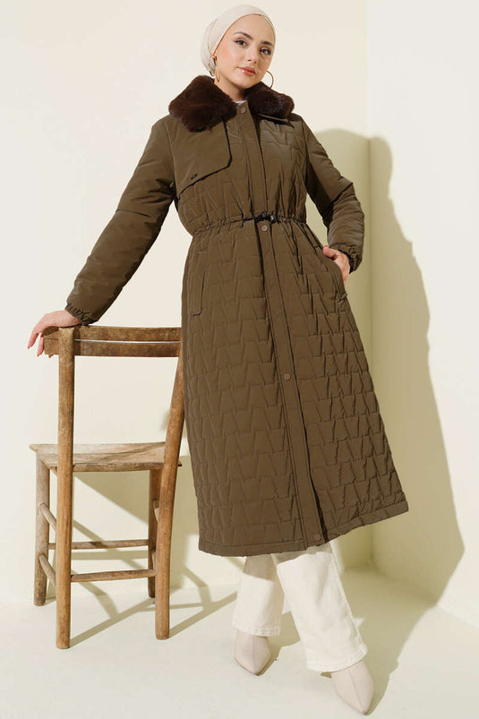 Fur Collar Waist Tunnel Quilted Long Coat Brown