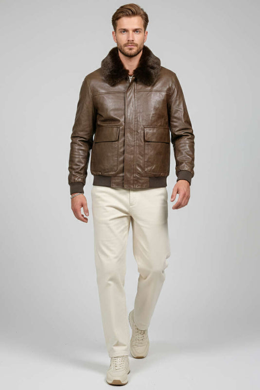 Yaka Kürklü Deri Erkek Ceket Kahve