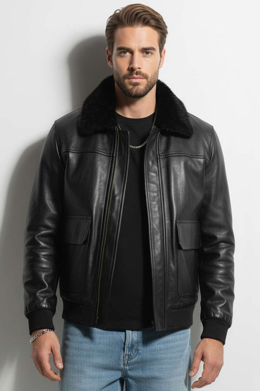 Men's Leather Jacket with Fur Collar, Black