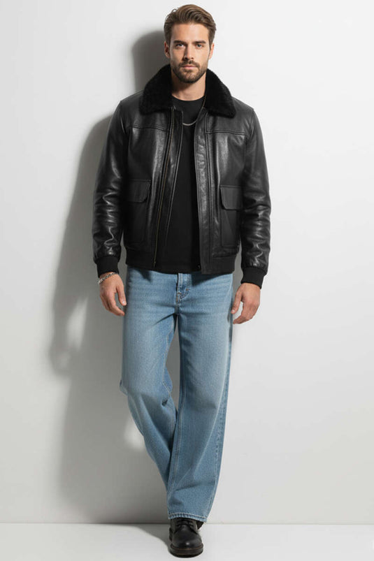 Men's Leather Jacket with Fur Collar, Black