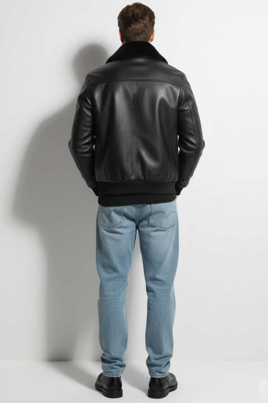 Men's Leather Jacket with Fur Collar, Black