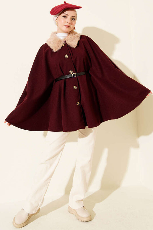 Fur-Collared Buttoned Poncho, Burgundy