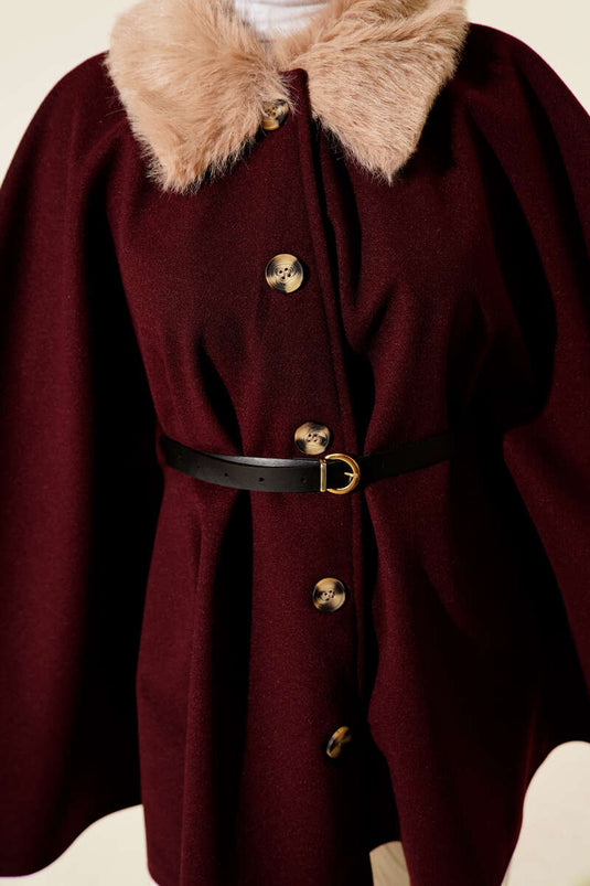 Fur-Collared Buttoned Poncho, Burgundy