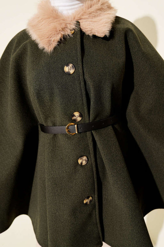 Yaka Kürklü Düğmeli Panço Haki