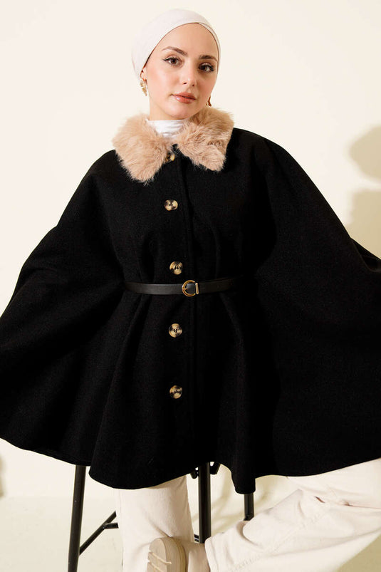 Yaka Kürklü Düğmeli Panço Siyah
