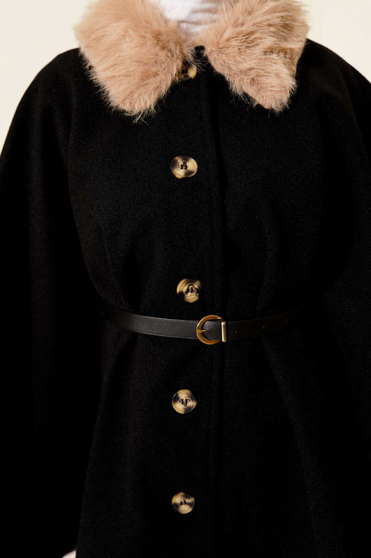 Yaka Kürklü Düğmeli Panço Siyah