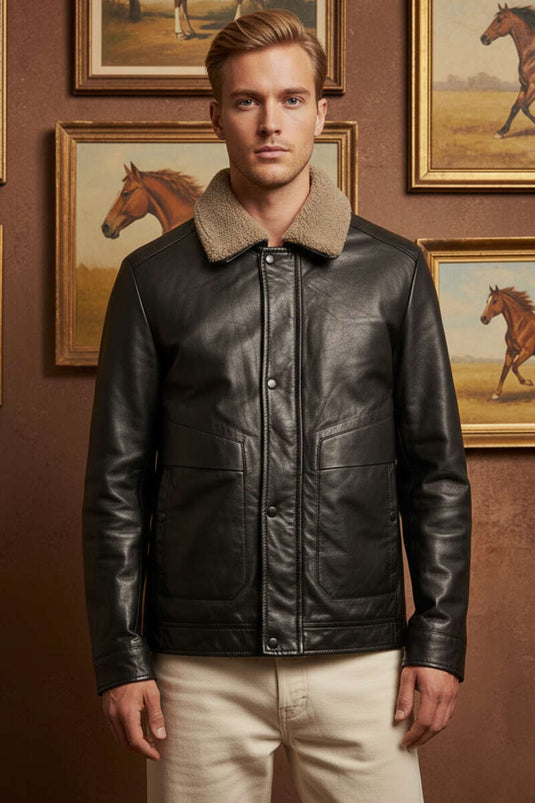 جاكيت جلد رجالي مبطن بالفرو أسود