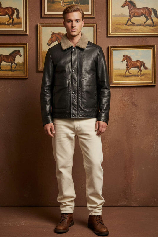 جاكيت جلد رجالي مبطن بالفرو أسود