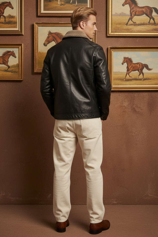 جاكيت جلد رجالي مبطن بالفرو أسود