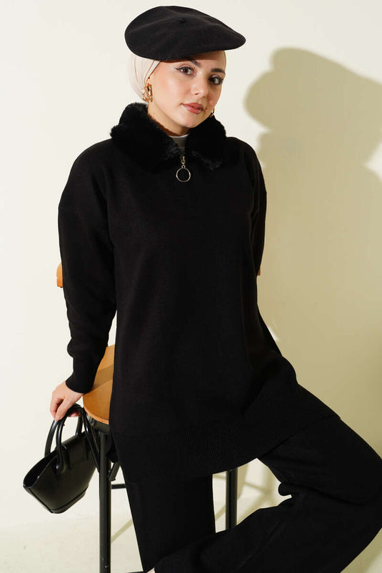 Completo due pezzi in maglia con collo in pelliccia e cerniera, nero