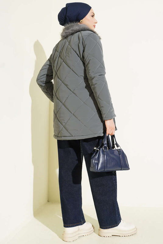 Yaka Kürklü Kapitone Kısa Mont Füme