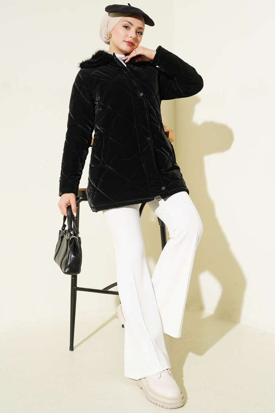 Yaka Kürklü Kapitone Kısa Mont Siyah