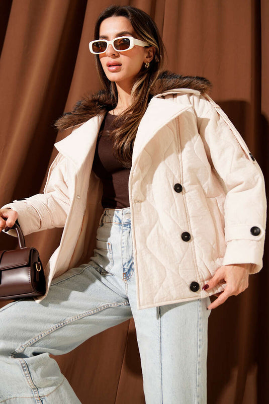 معطف مبطن بياقة من الفرو بلون حجري