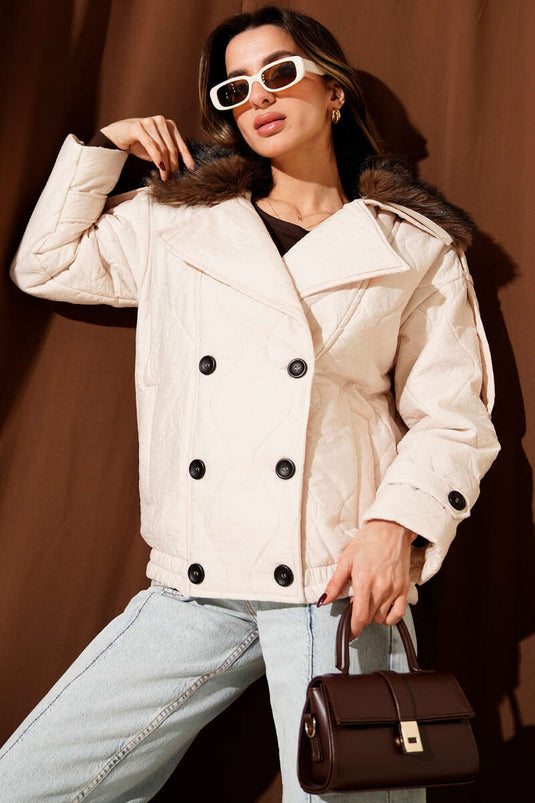 معطف مبطن بياقة من الفرو بلون حجري