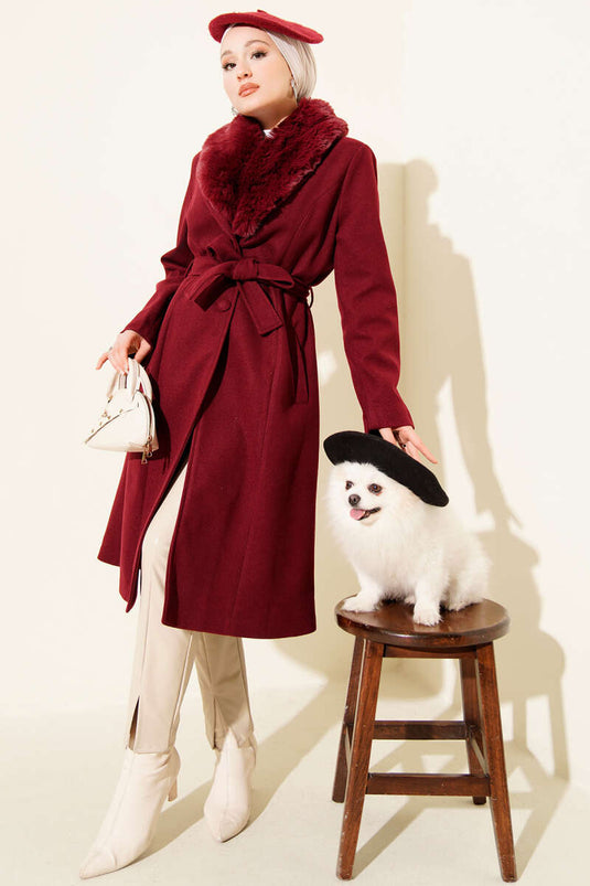 Fur-Collared Cashmere Coat, Burgundy