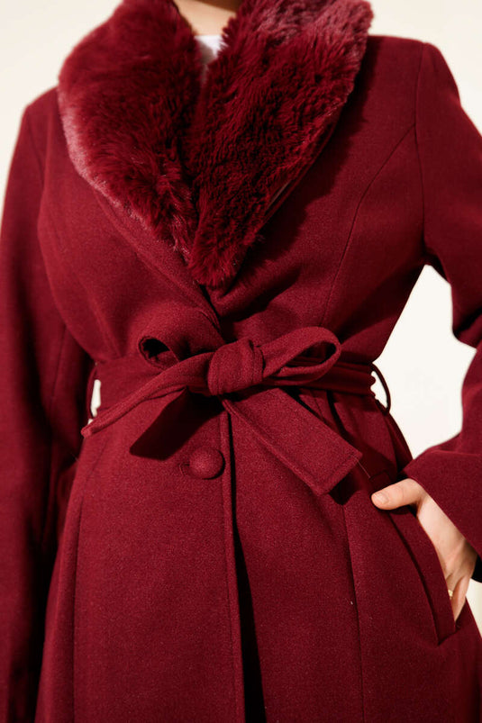 Fur-Collared Cashmere Coat, Burgundy