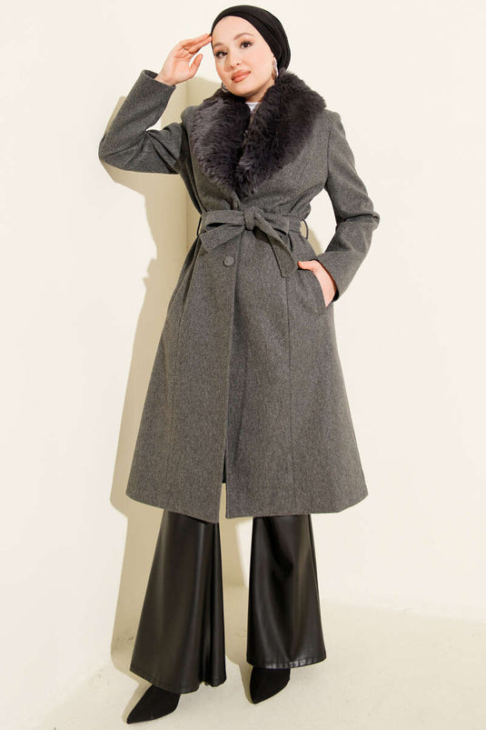 Fur Collared Cashmere Coat Smoke