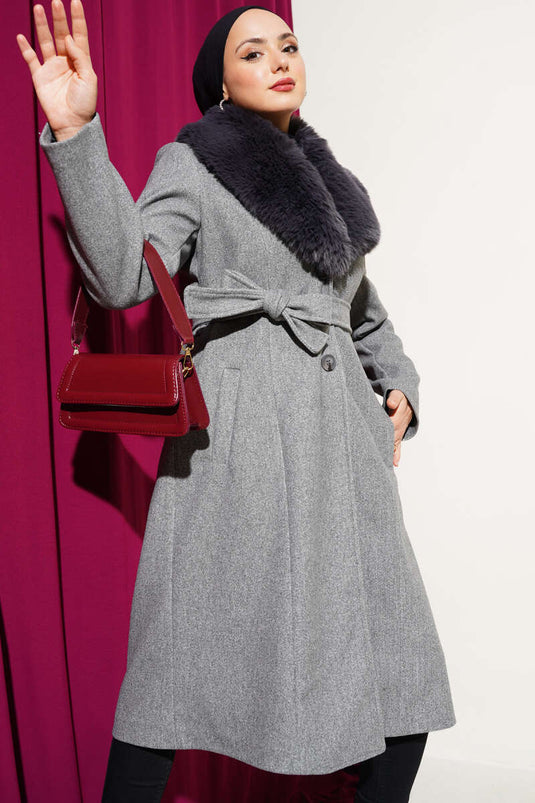 Yaka Kürklü Kaşe Kaban Gri