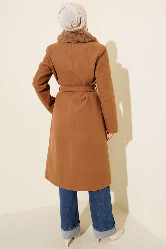Latte Fur-Collared Cashmere Coat